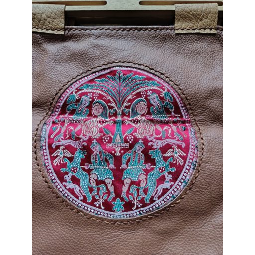 Hedeby wooden part, leather,  brokate silk inlay, braided leather cord