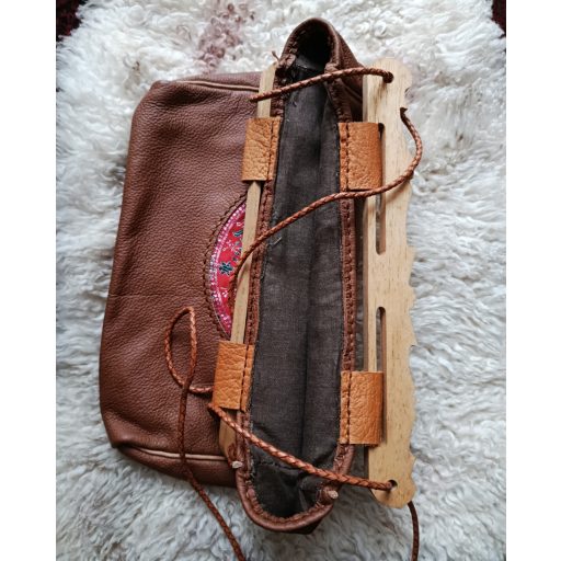 Hedeby wooden part, leather,  brokate silk inlay, braided leather cord
